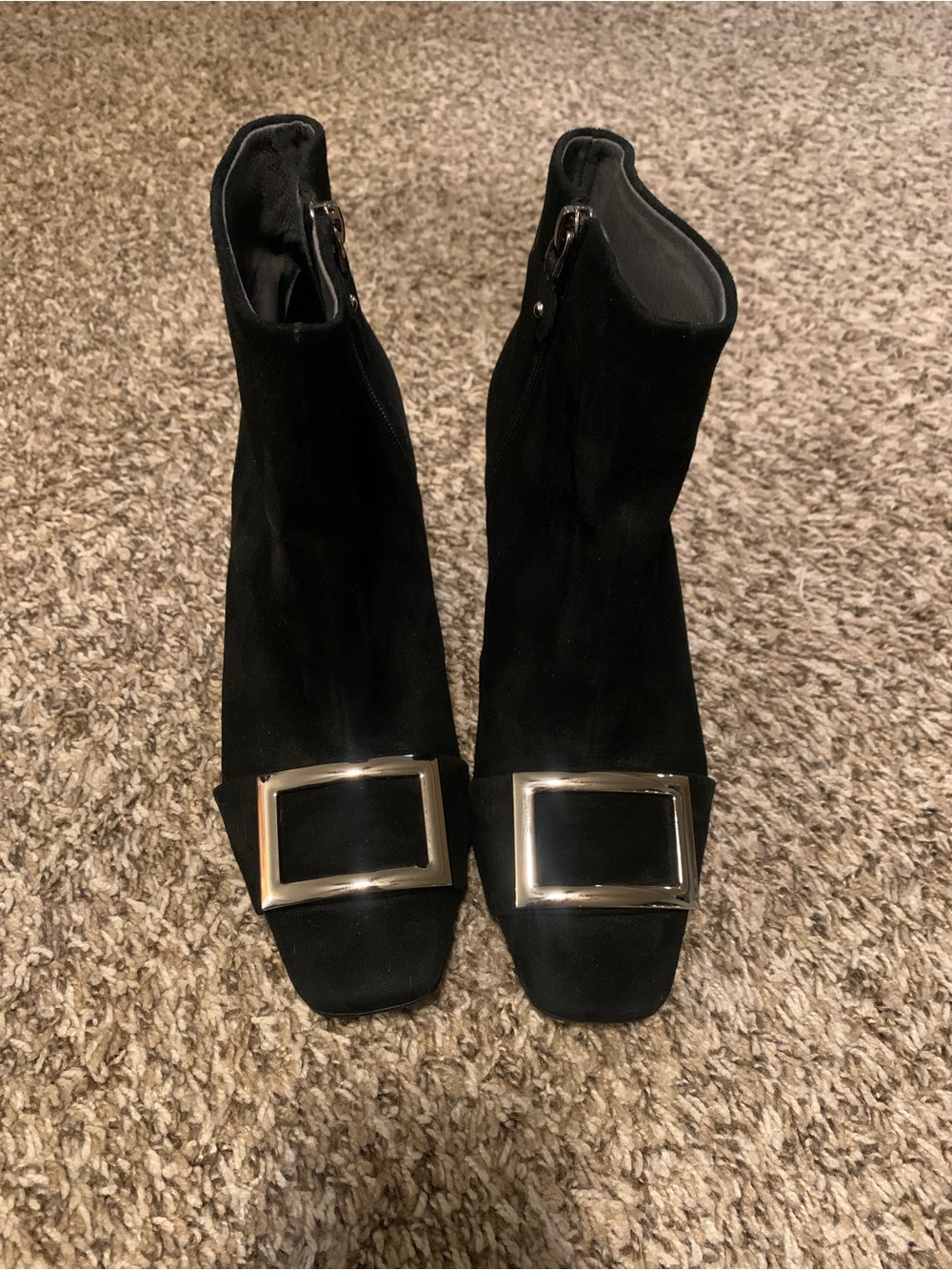 Women's Black Suede Ankle Booties with Silver Buckle Accent